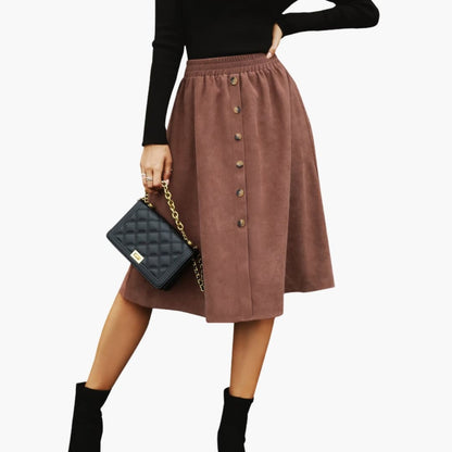 Women's Elastic Waist Midi Skirt Button Front Detail