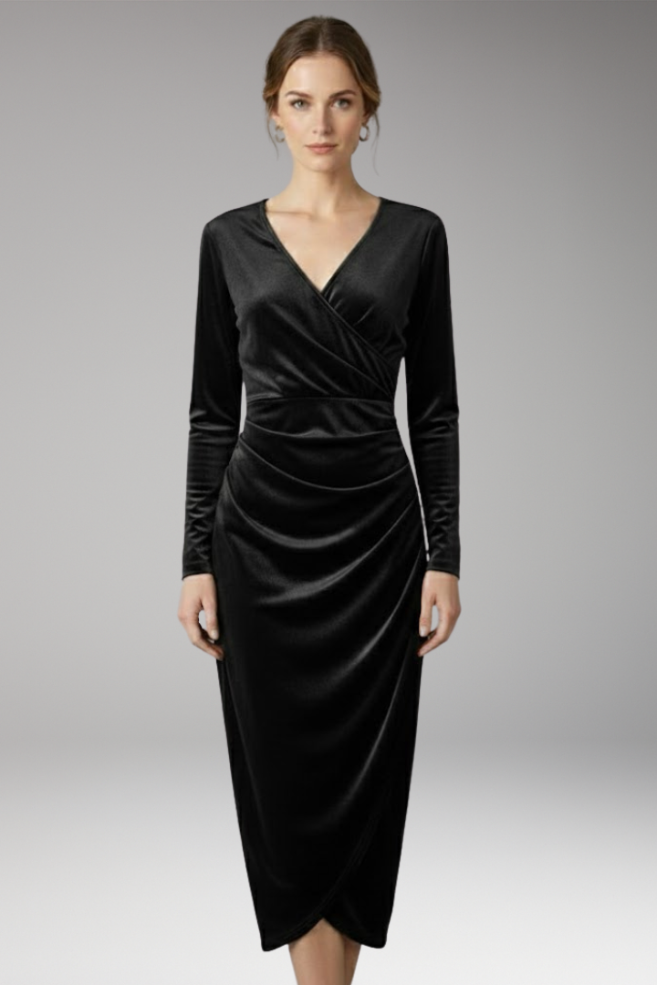 Women's Velvet Midi Dress Flowing Silhouette Black