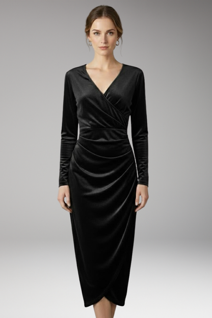 Women's Velvet Midi Dress Flowing Silhouette Black