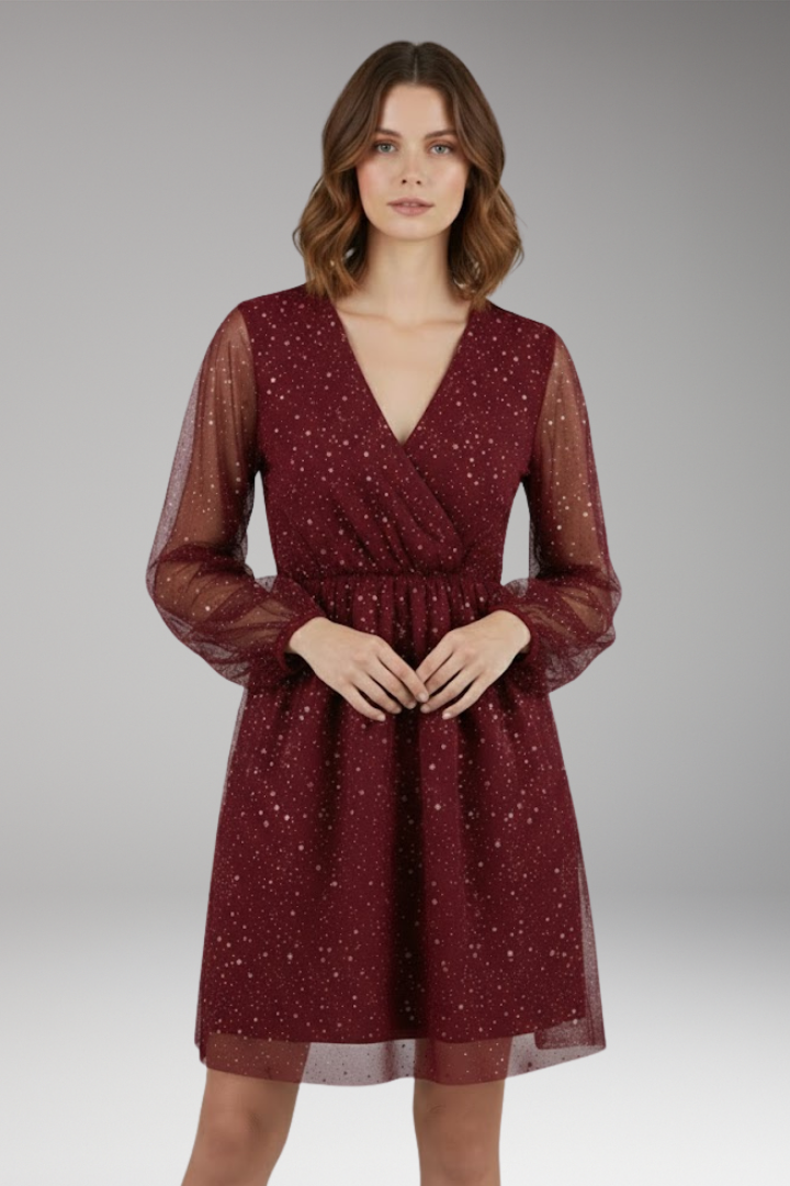 Women's Balloon Sleeve Mini Dress Surplice Neckline