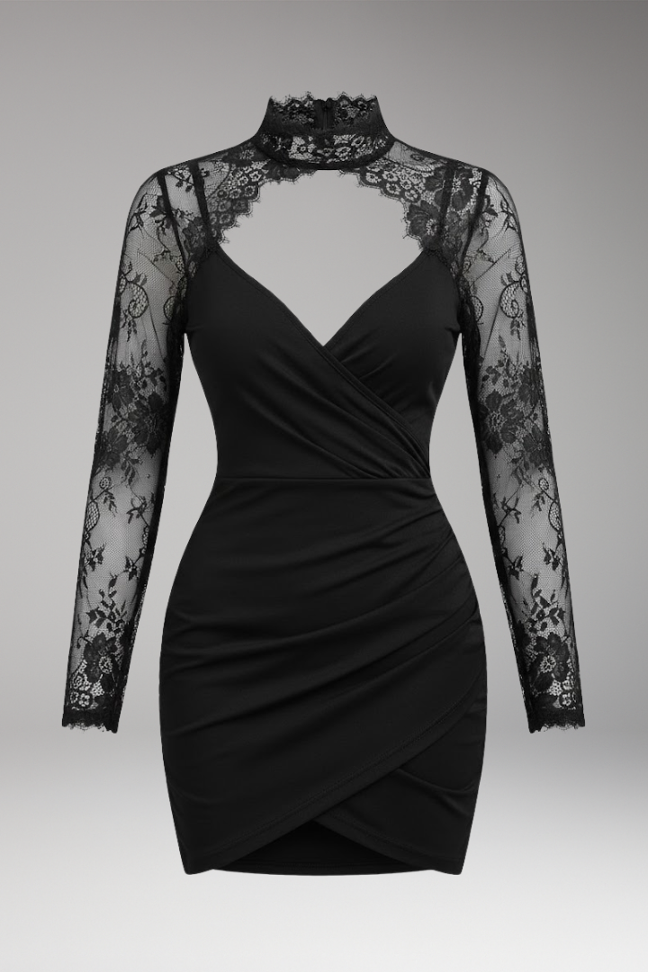 Women's Lace Trim Mini Dress High Collar - Vonnera