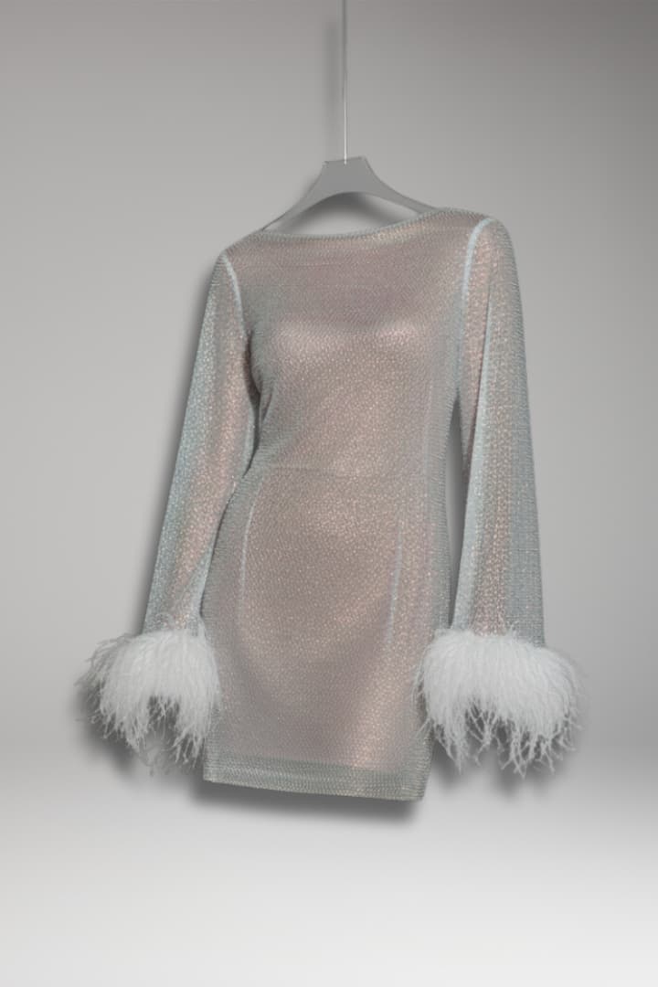 Women's Sequin Mini Dress Feather Cuffs - Vonnera