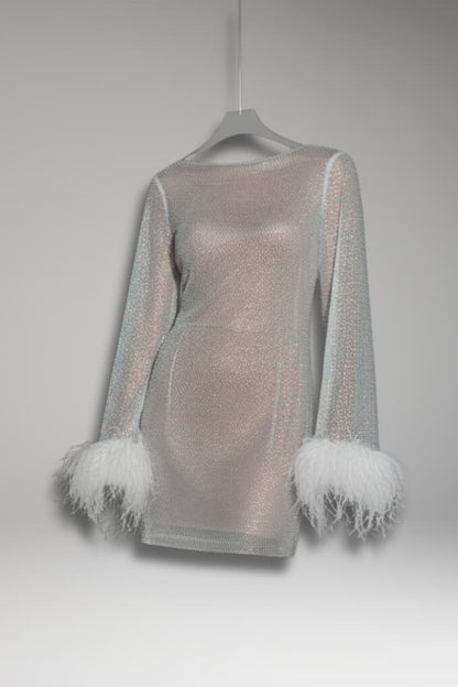 Women's Sequin Mini Dress Feather Cuffs - Vonnera