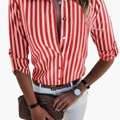 Women's Long Sleeve Stripe Blouse Cotton Pullover Navy