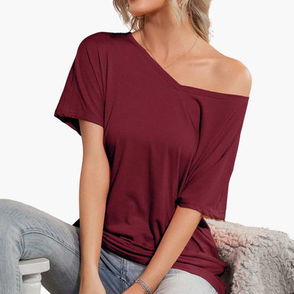 Women's Short Sleeve T-Shirt Oversized Crew Neck Asymmetrical Hem - Vonnera