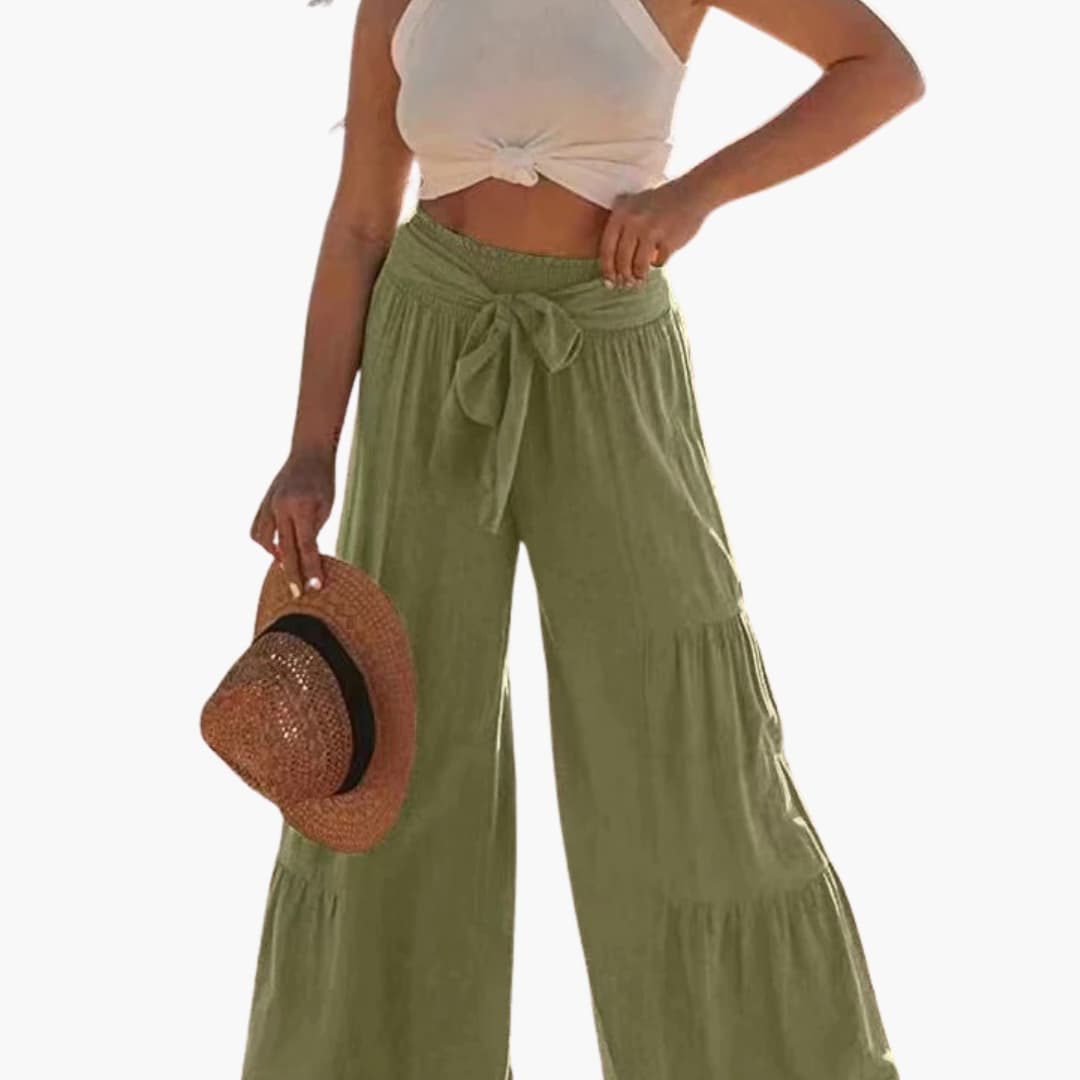 Women's Palazzo Pants Elastic Waist Tie Belt