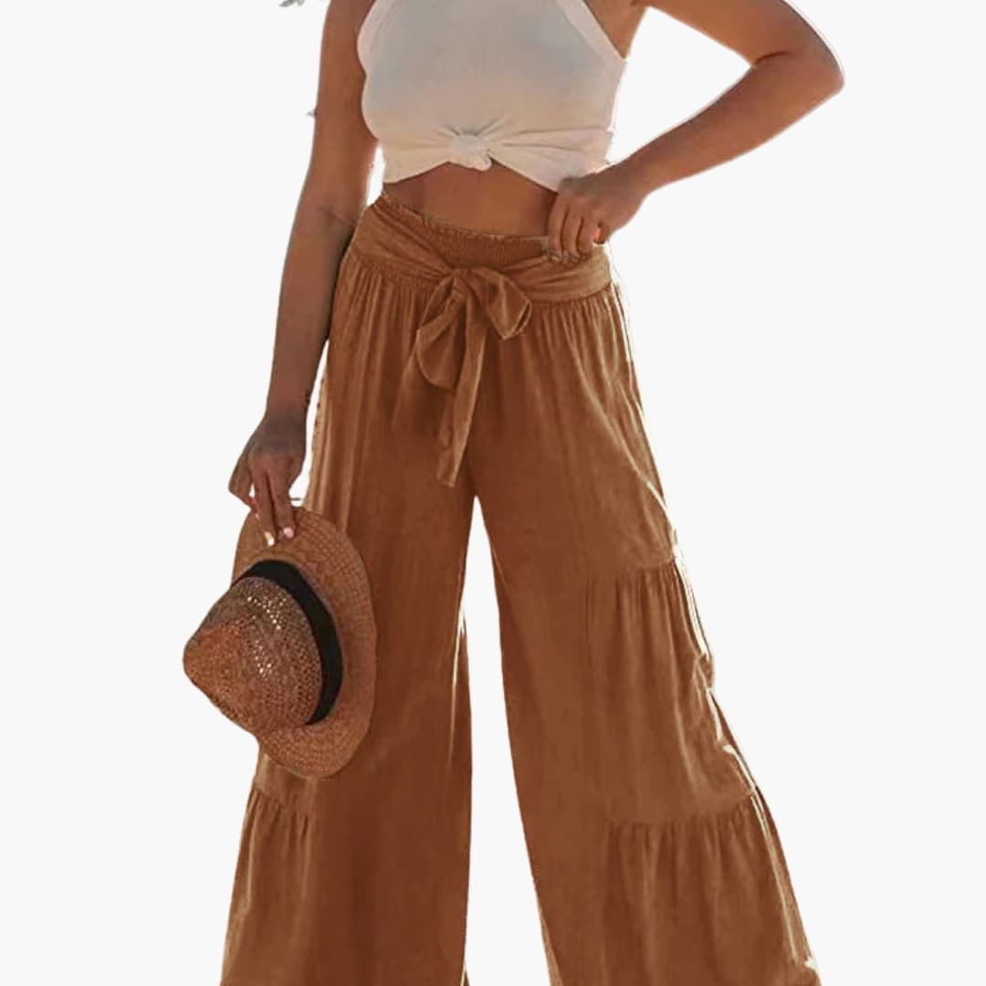 Women's Palazzo Pants Elastic Waist Tie Belt