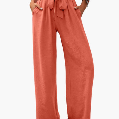 Women's Palazzo Pants Elastic Waist Tie Detail
