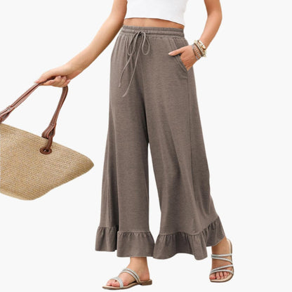 Women's Palazzo Pants Elastic Waist Ruffled Hem - Vonnera