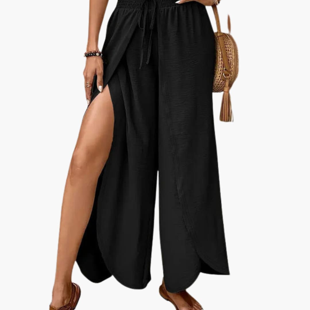 Women's Palazzo Pants Drawstring Waist Side Slits - Vonnera