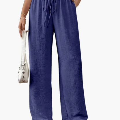 Women's Palazzo Pants Elastic Waistband Tie Belt