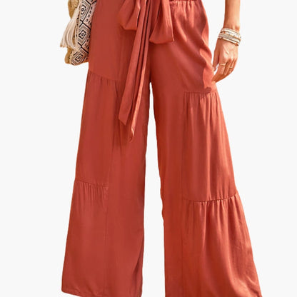 Women's Palazzo Pants Ruffle Detail Tie Belt