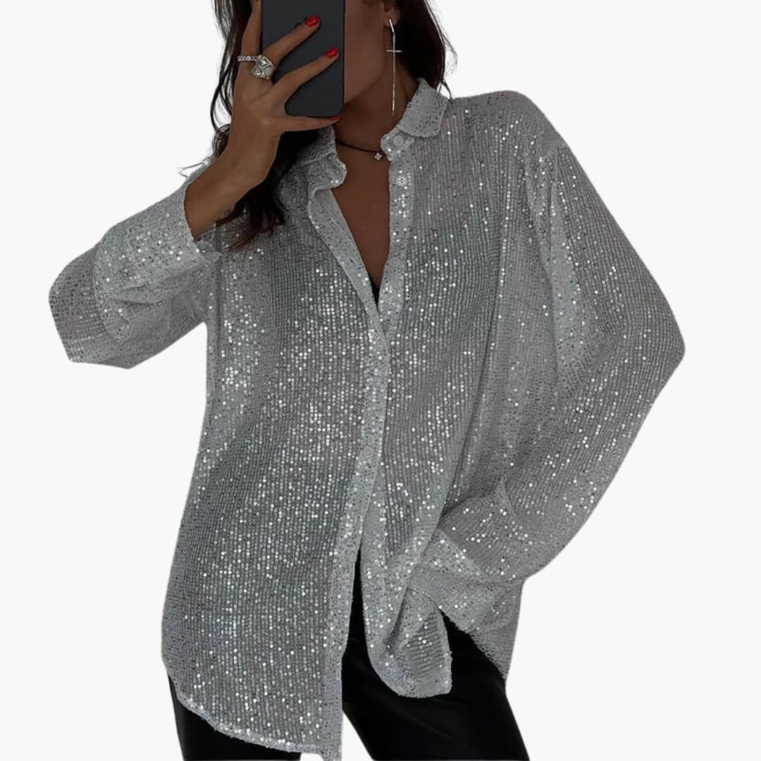 Women's Plus Size Glitter Blouse Long Sleeve Shimmer