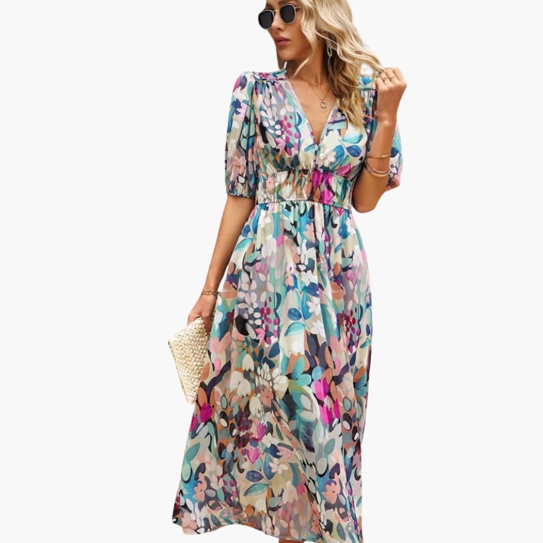 Women's Short Sleeve Midi Dress Loose Fit Printed Everyday - Vonnera