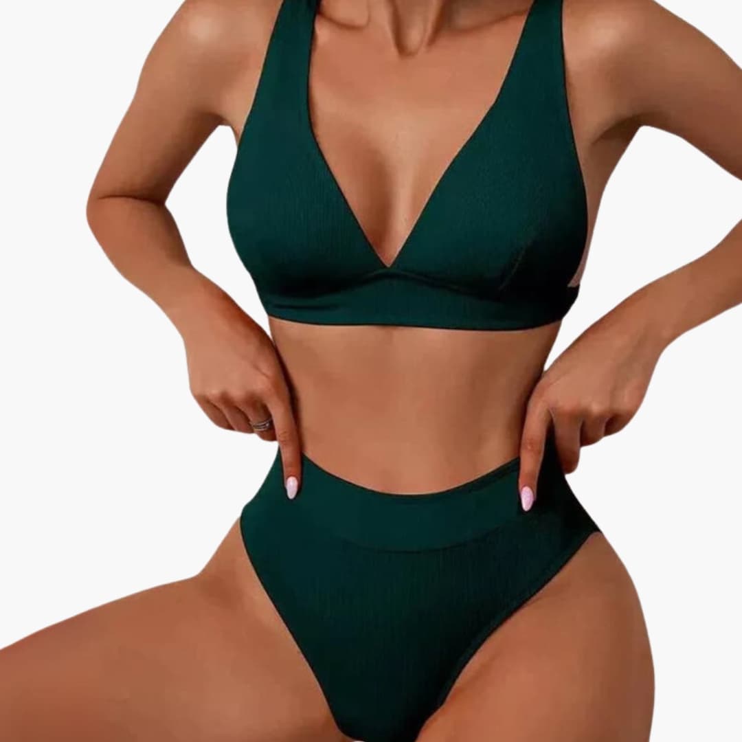 Women's Ribbed Bikini Set High-Cut Bottom Wide Straps