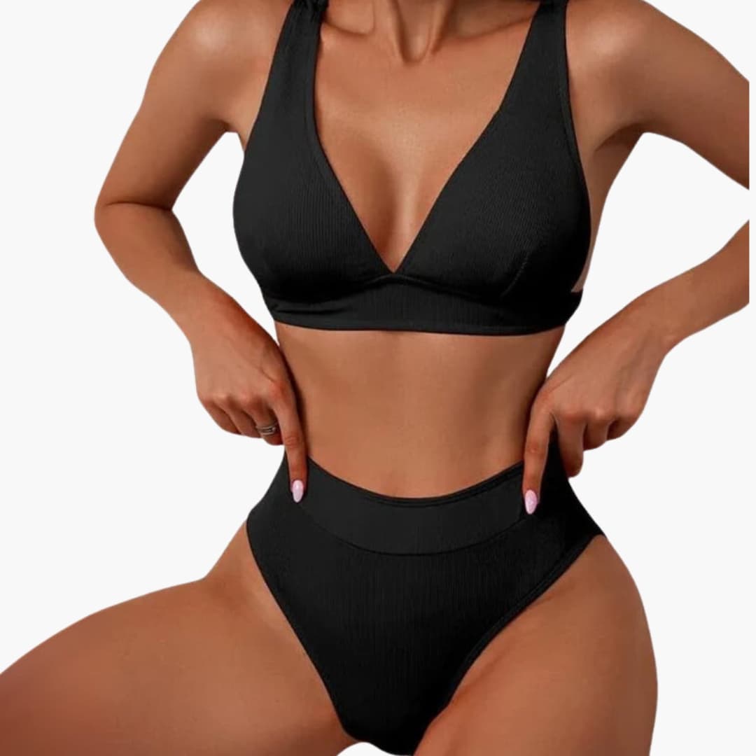 Women's Ribbed Bikini Set High-Cut Bottom Wide Straps
