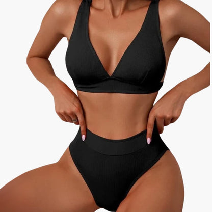 Women's Ribbed Bikini Set High-Cut Bottom Wide Straps