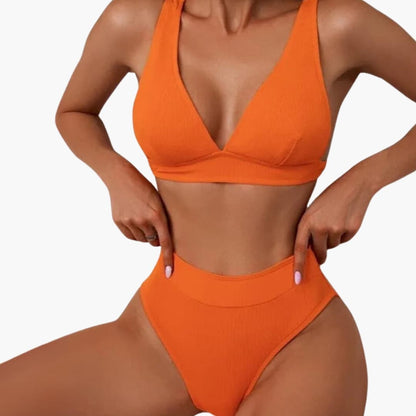 Women's Ribbed Bikini Set High-Cut Bottom Wide Straps - Vonnera