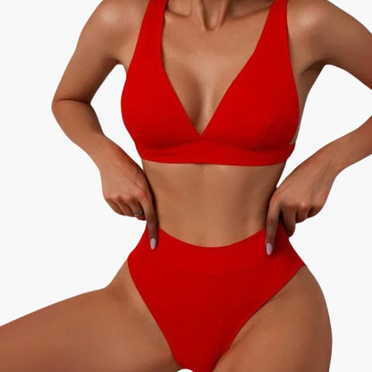 Women's Ribbed Bikini Set High-Cut Bottom Wide Straps