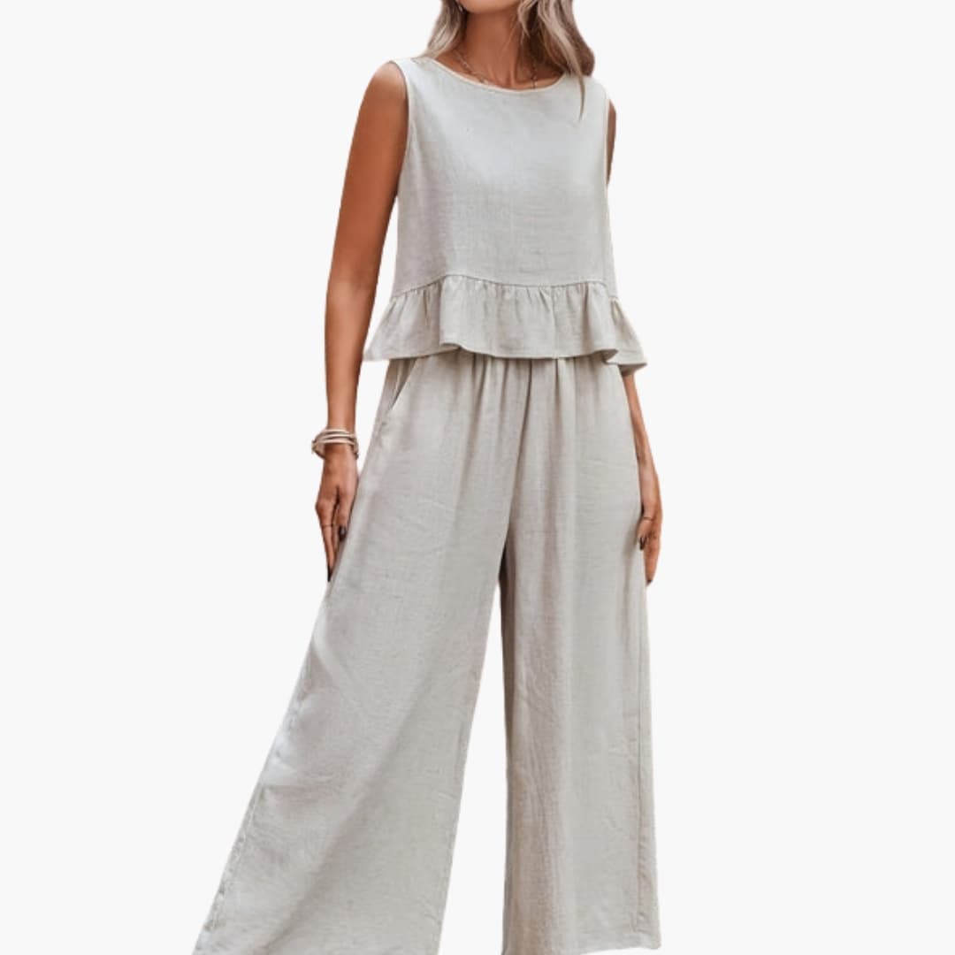 Women's Sleeveless Jumpsuit V-Neck Wide Leg Ruffle Design - Vonnera