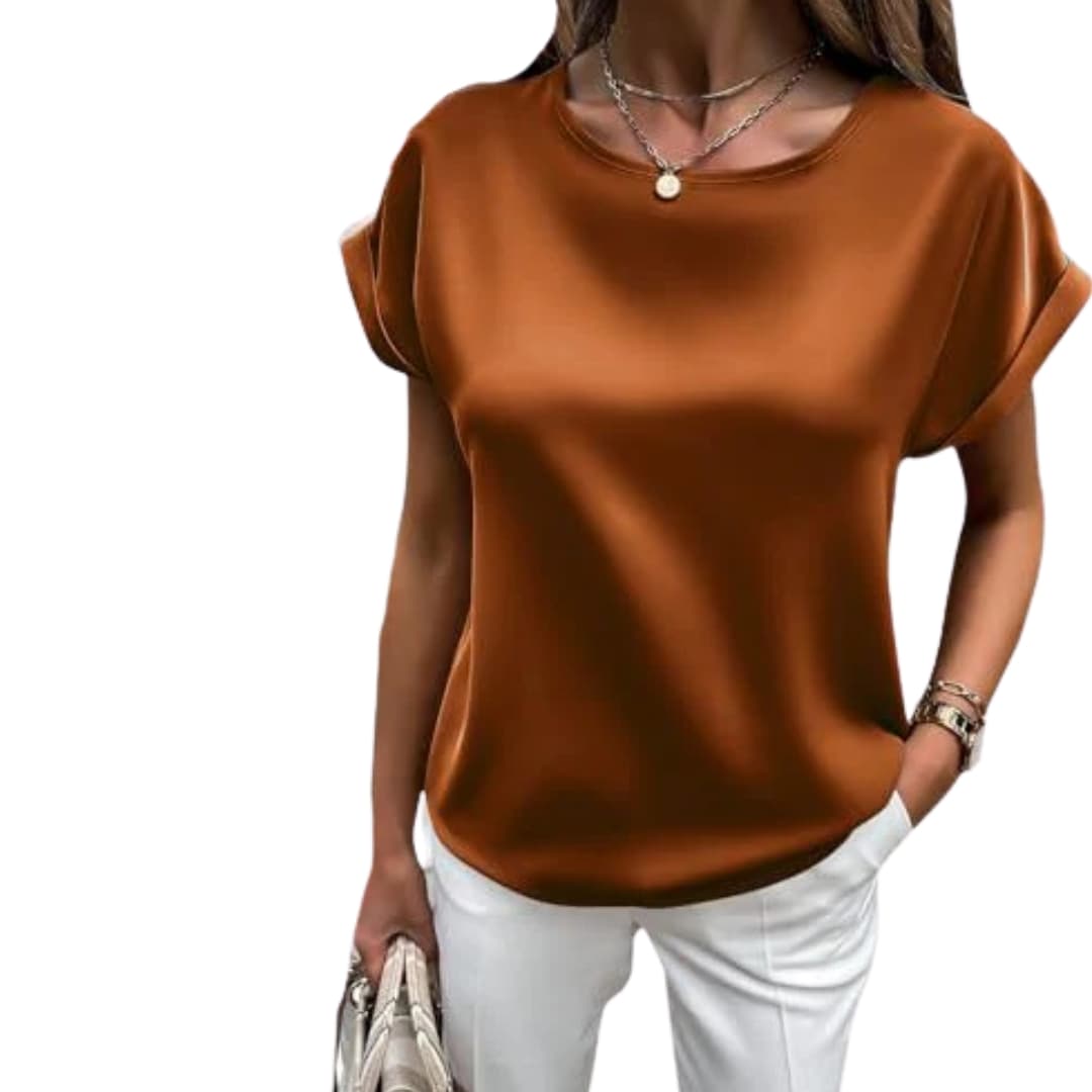 Women's Crew Neck T-Shirt Satin Finish Rolled Sleeves