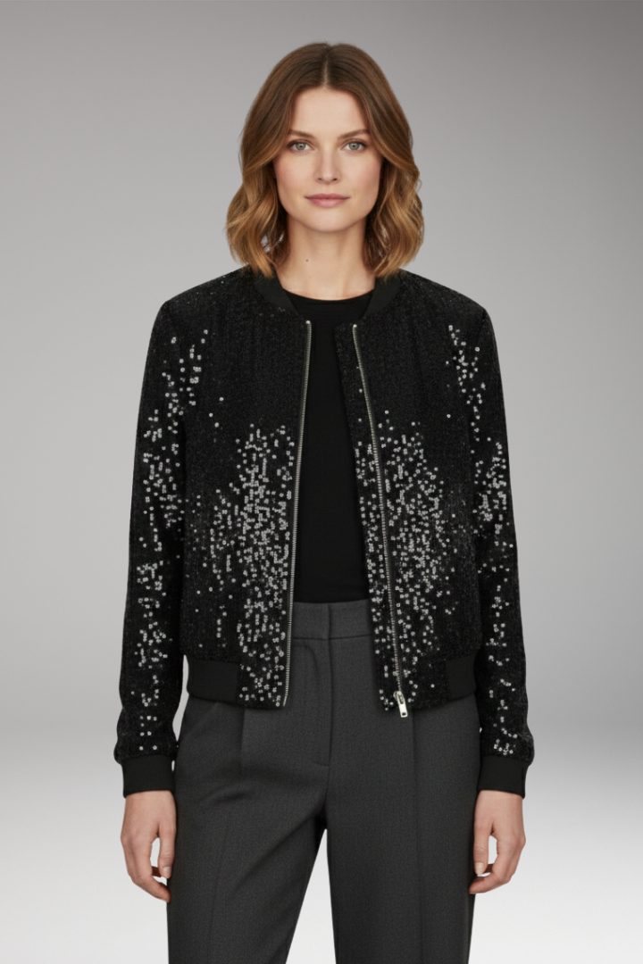 Women's Textured Sequin Jacket Zipper Ribbed Hem