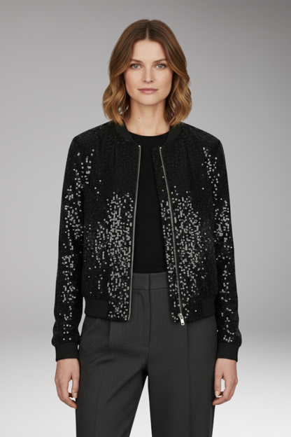 Women's Textured Sequin Jacket Zipper Ribbed Hem