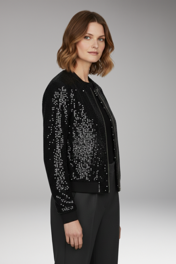 Women's Textured Sequin Jacket Zipper Ribbed Hem