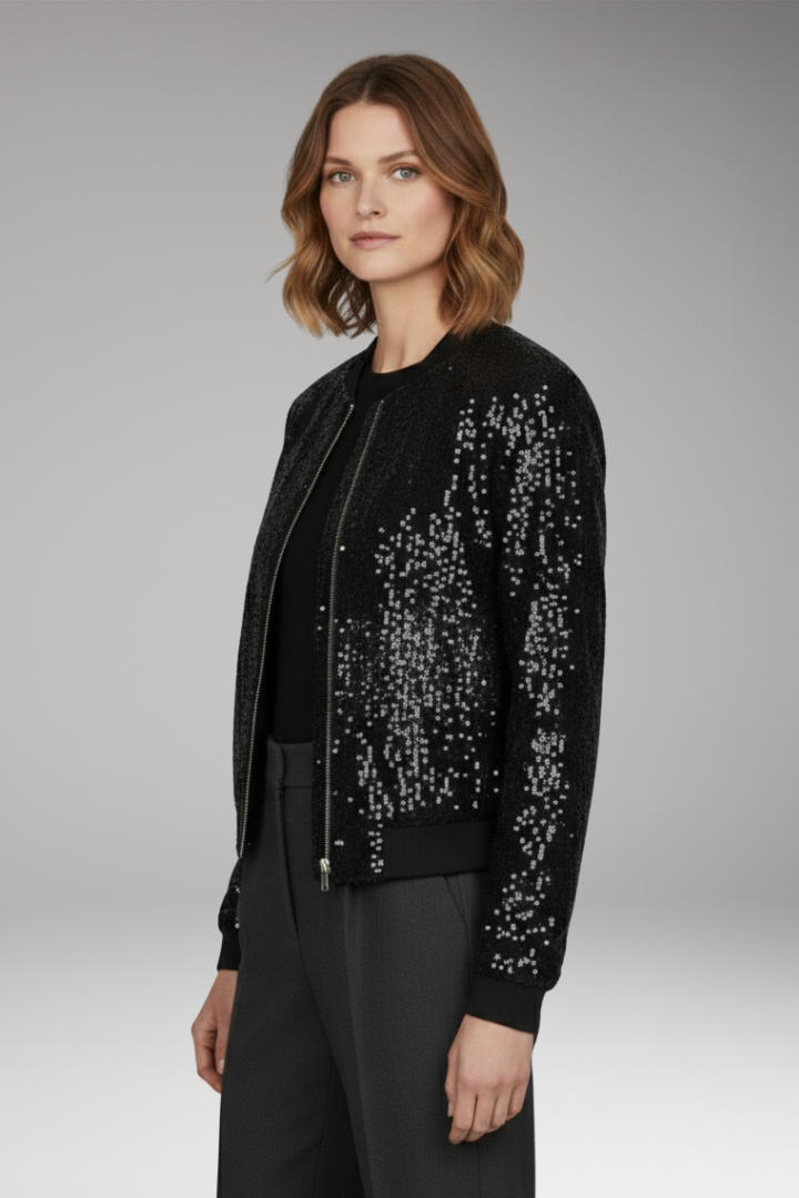 Women's Textured Sequin Jacket Zipper Ribbed Hem