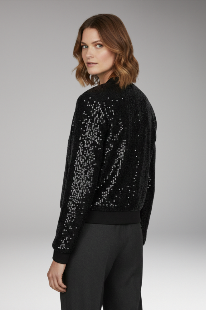 Women's Textured Sequin Jacket Zipper Ribbed Hem