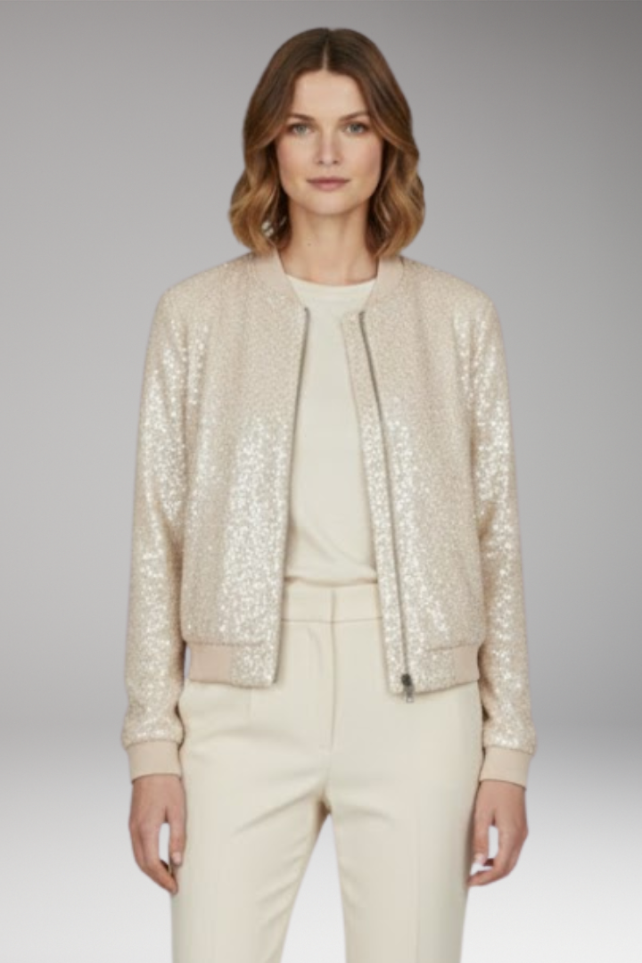 Women's Textured Sequin Jacket Zipper Ribbed Hem