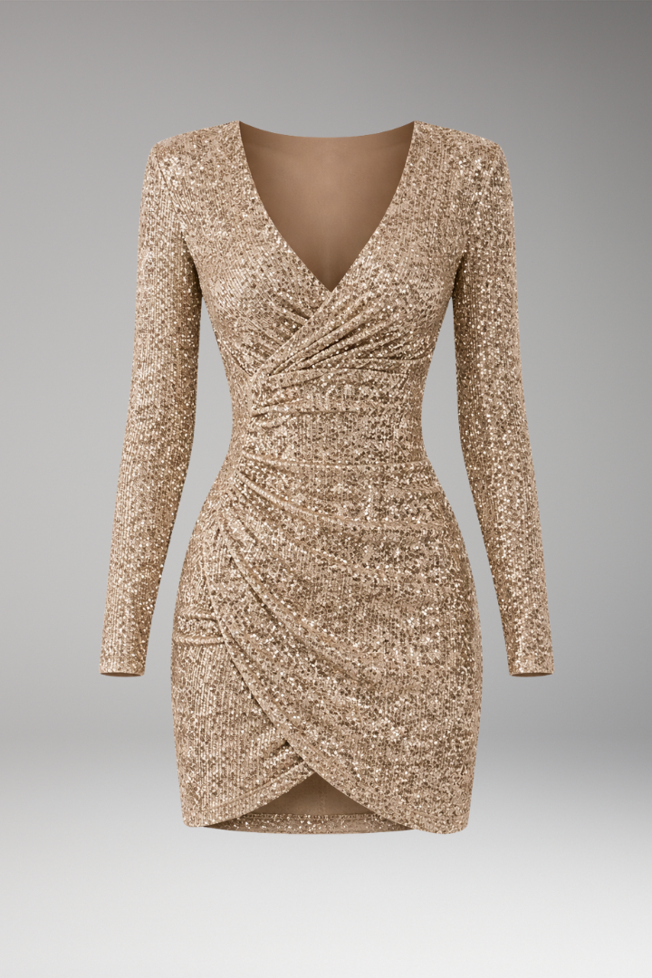 Women's V-Neck Sequined Dress Asymmetrical Hem - Vonnera