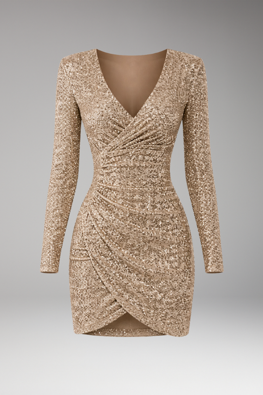 Women's V-Neck Sequined Dress Asymmetrical Hem - Vonnera