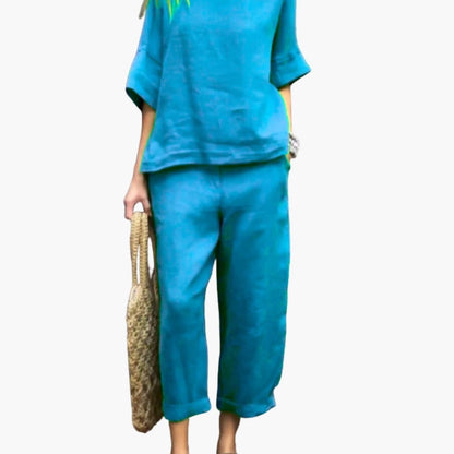 Women's Two Piece Short Sleeve Set Round Neck Elastic Pants - Vonnera