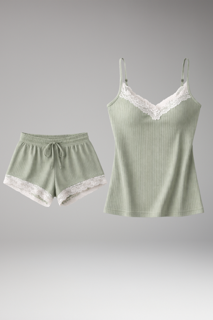 Women's Lace Trim Sleepwear Set Adjustable Straps - Vonnera