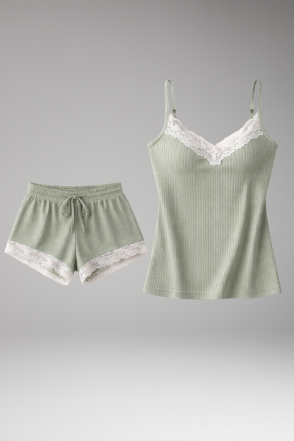 Women's Lace Trim Sleepwear Set Adjustable Straps - Vonnera