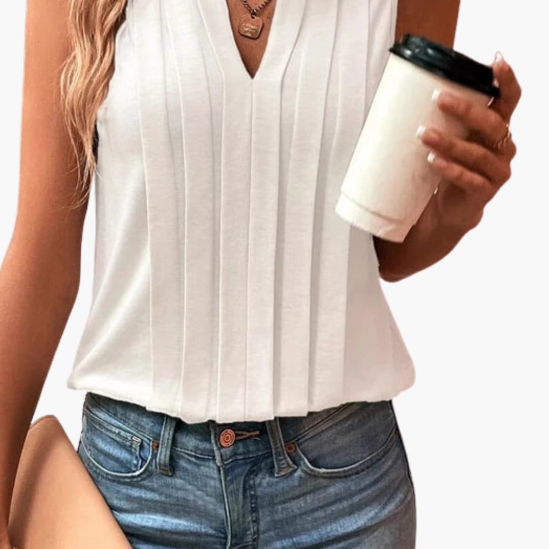 Women's V Neck Sleeveless Blouse Pleated