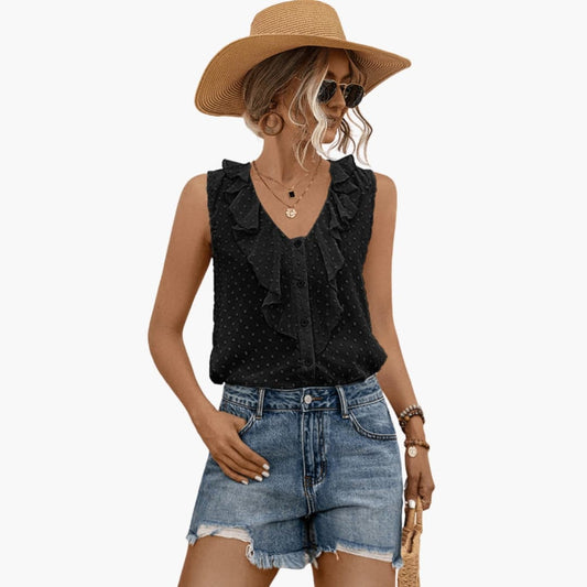 Women's V-Neck Sleeveless Blouse Ruffle Trim - Vonnera