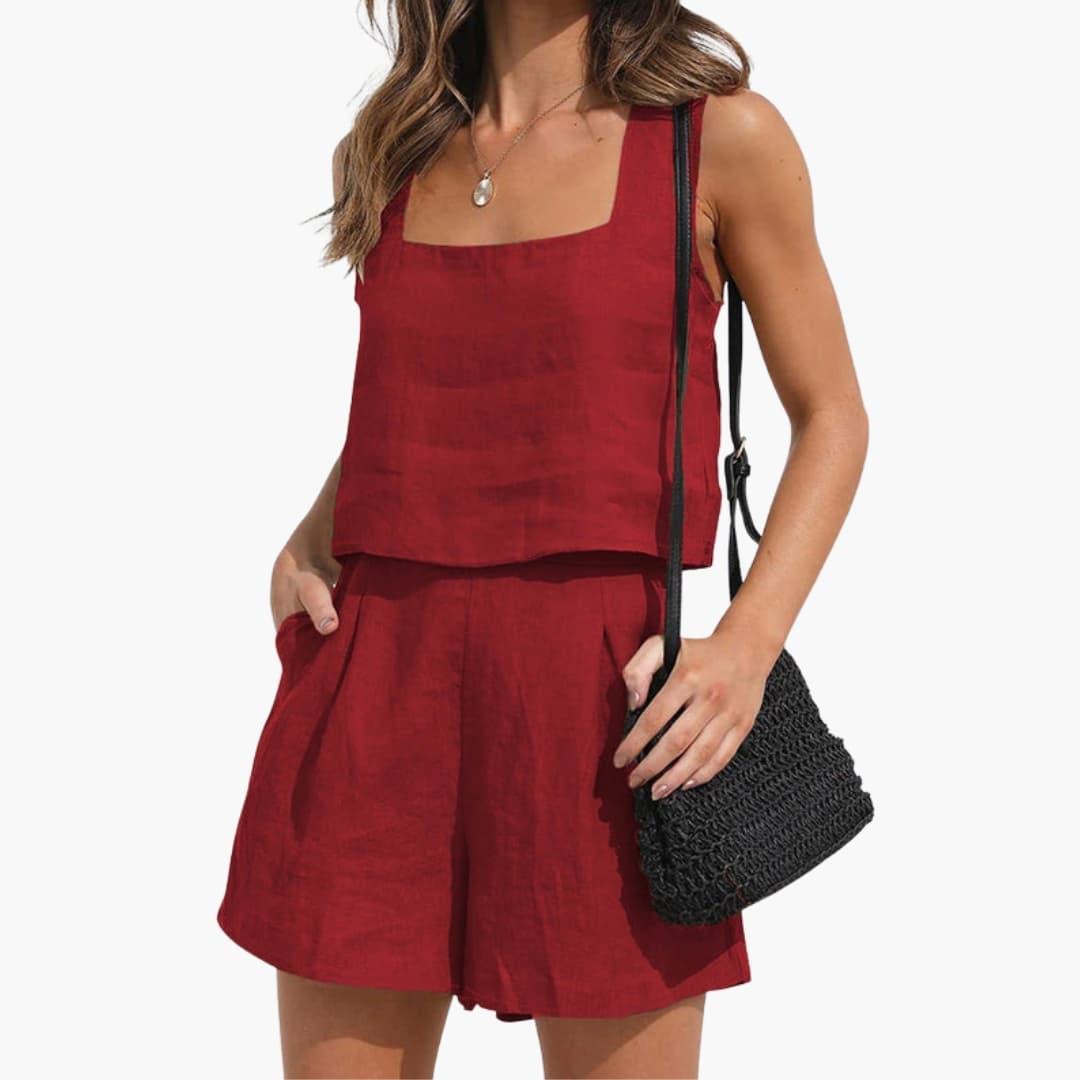 Women's Two Piece Crop Set Cotton Pleated Shorts - Vonnera