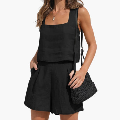 Women's Two Piece Crop Set Cotton Pleated Shorts