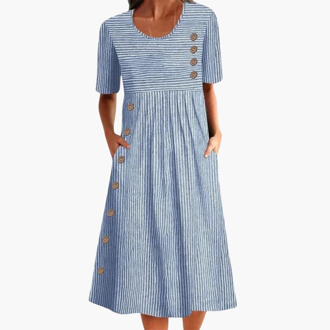 Women's Striped Midi Dress 3/4 Sleeve Button Front - Vonnera