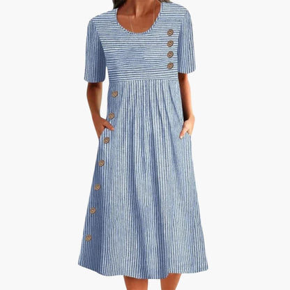 Women's Striped Midi Dress 3/4 Sleeve Button Front - Vonnera