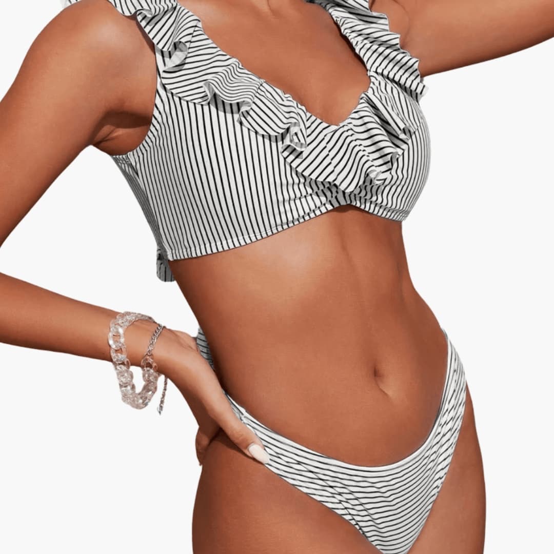 Women's Striped Ruffle Bikini Set Tie Side Bottom - Vonnera