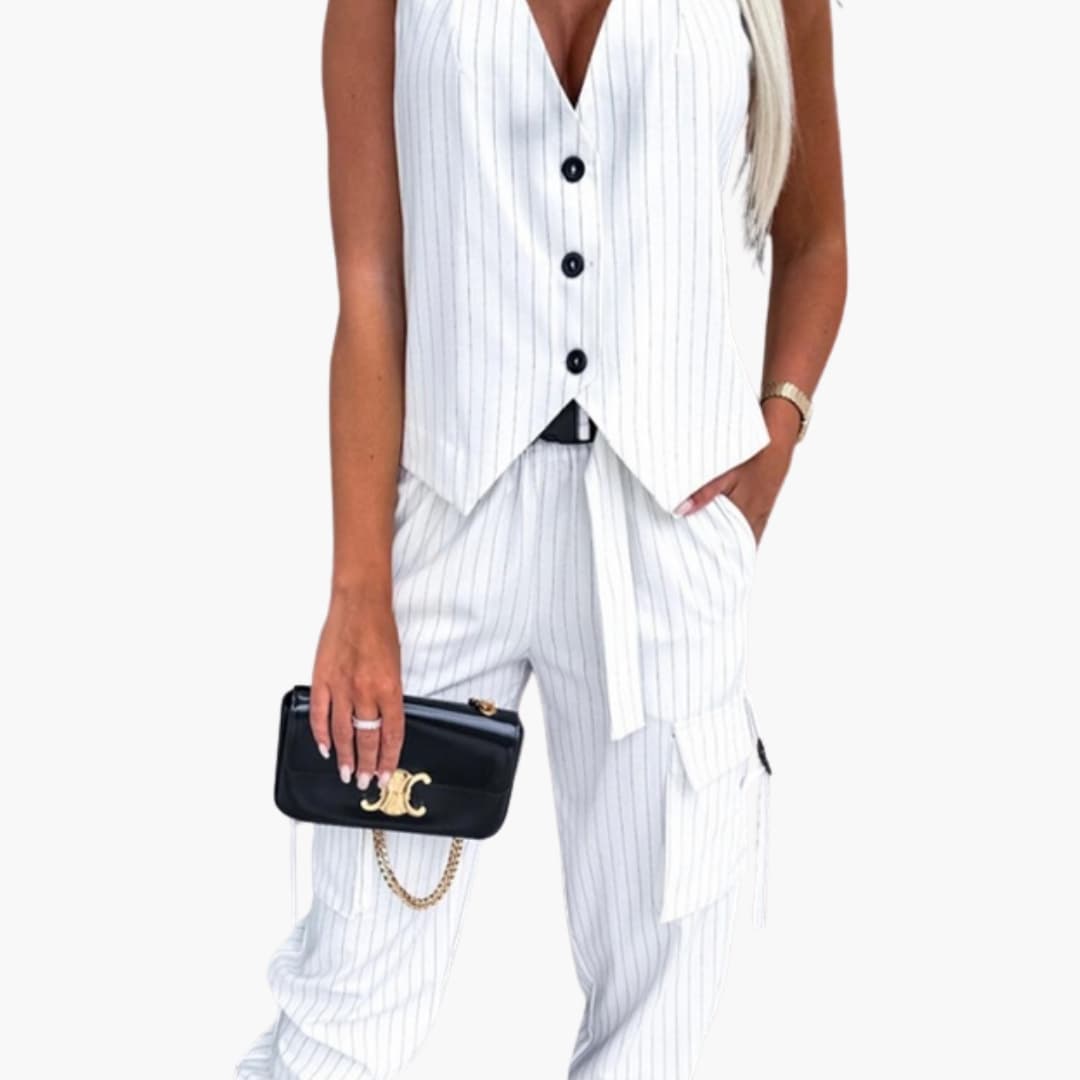 Women's Striped Two Piece Suit Set Sleeveless Cuffed Pants - Vonnera