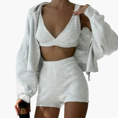 Women's 3 Piece Crop Hoodie Shorts Set - Vonnera