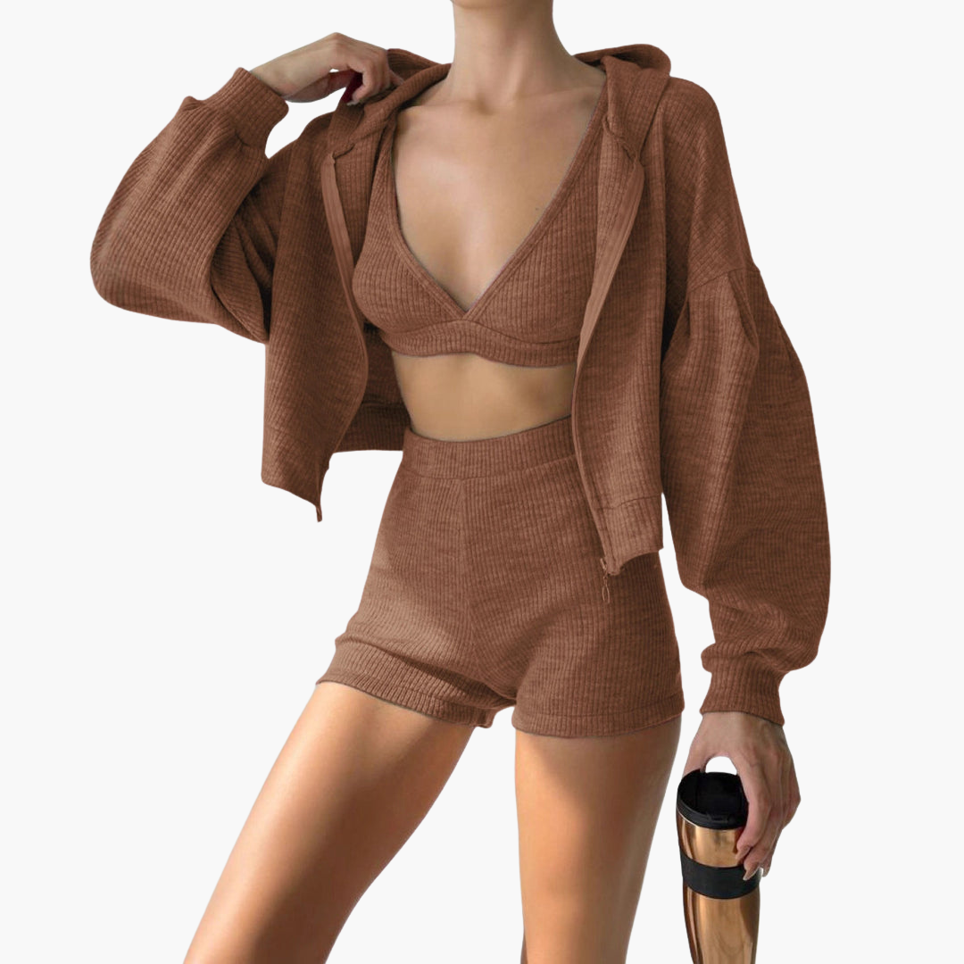 Women's 3 Piece Crop Hoodie Shorts Set