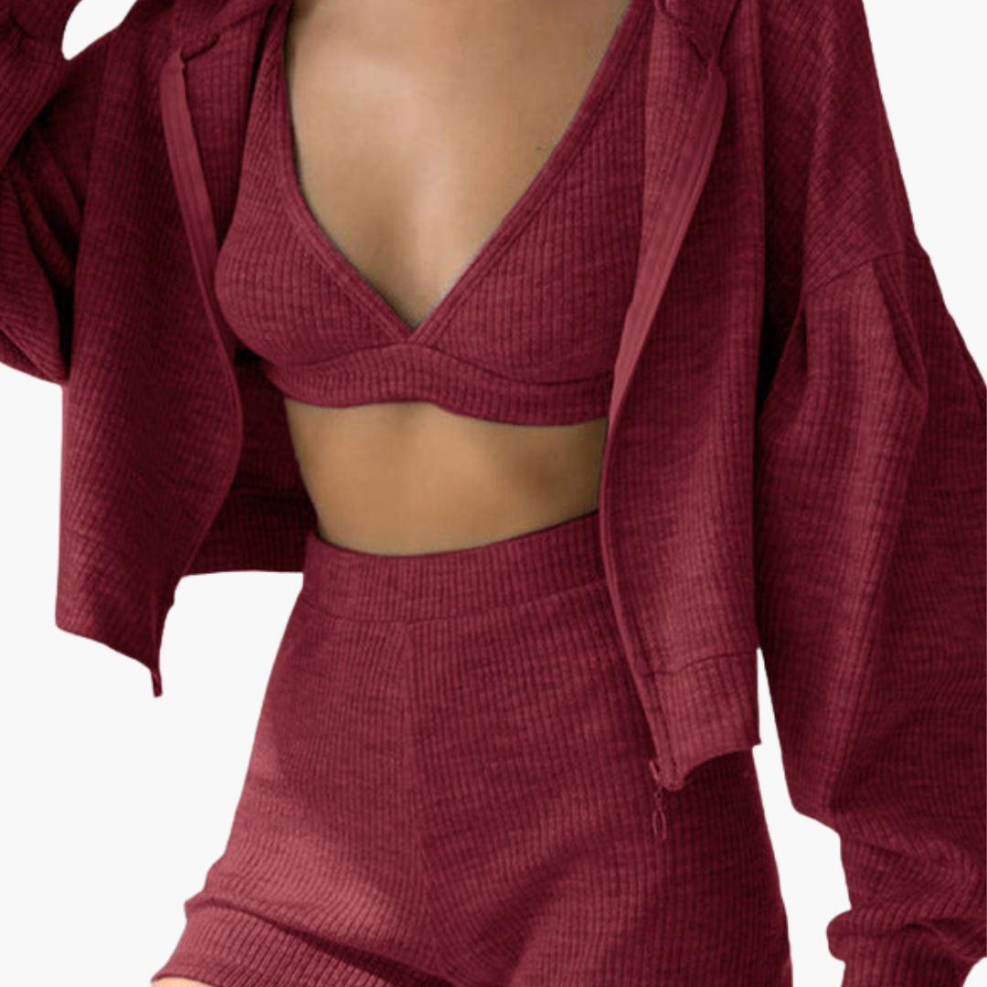Women's 3 Piece Crop Hoodie Shorts Set