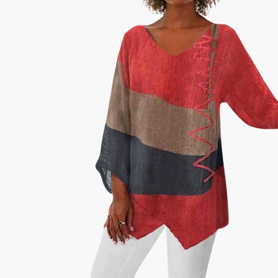 Women's Long Sleeve Blouse Relaxed Fit Crew Neck Tricolor - Vonnera