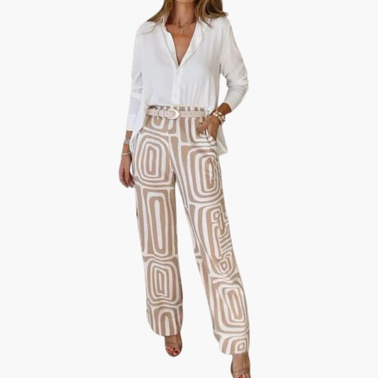 Women's Two Piece Blouse And Pants Set Long Sleeve Straight Leg Pants - Vonnera