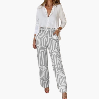 Women's Two Piece Blouse And Pants Set Long Sleeve Straight Leg Pants